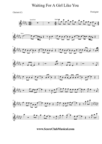 Foreigner Waiting For a  Girl Like You score for Clarinet (C)